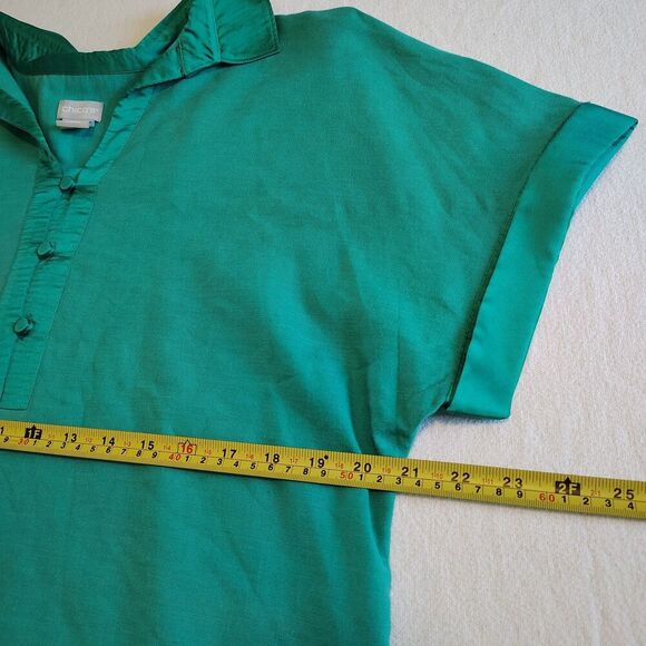 CHICO'S Green Linen Blend Popover Top Satin Trim Mature Lagenlook Beachy Sz 3 XL - Picture 4 of 8